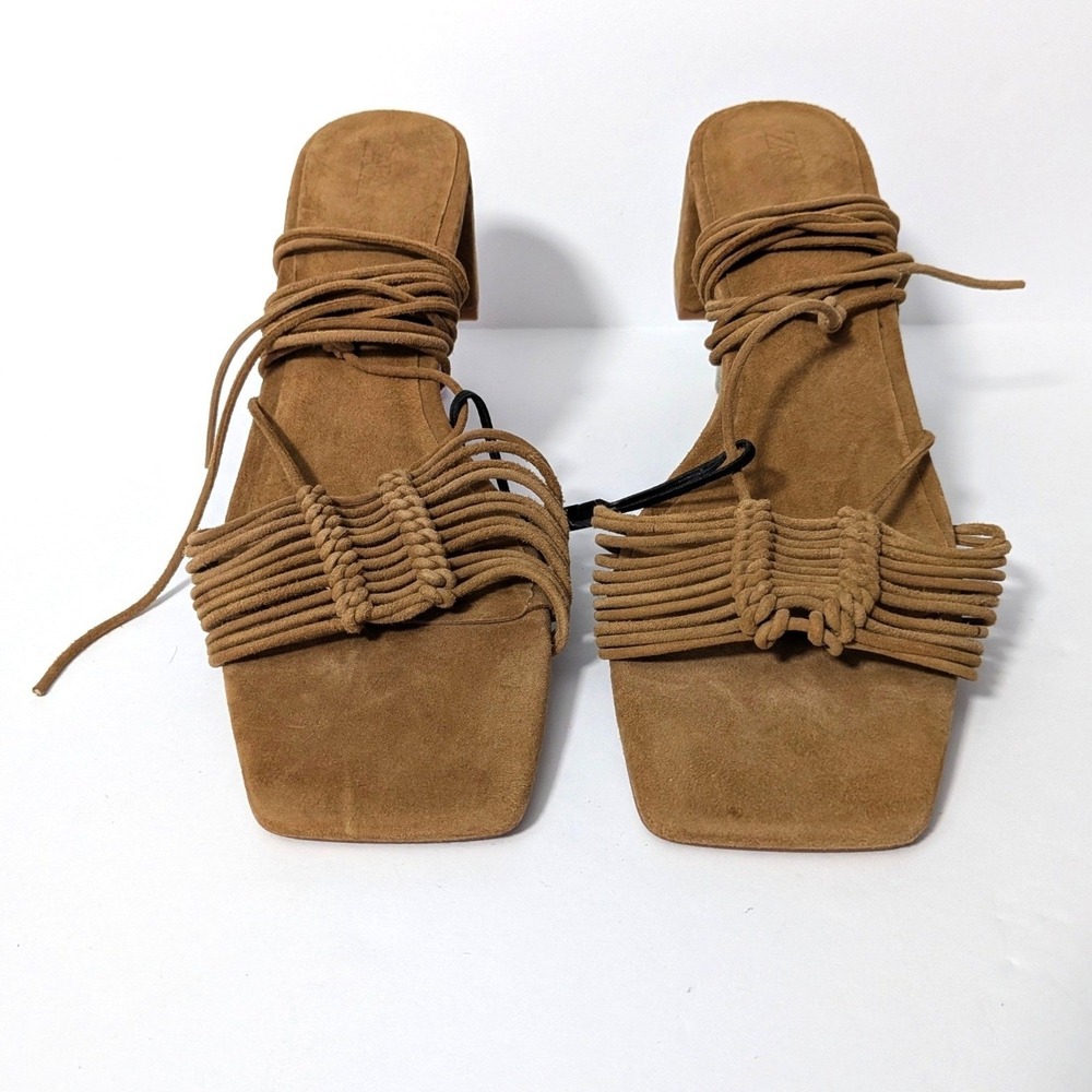 ZARA Lace Up Block Heel Sandals Brown Faux Suede Square Toe Strappy Sz 41 / 10.5 - Picture 3 of 14